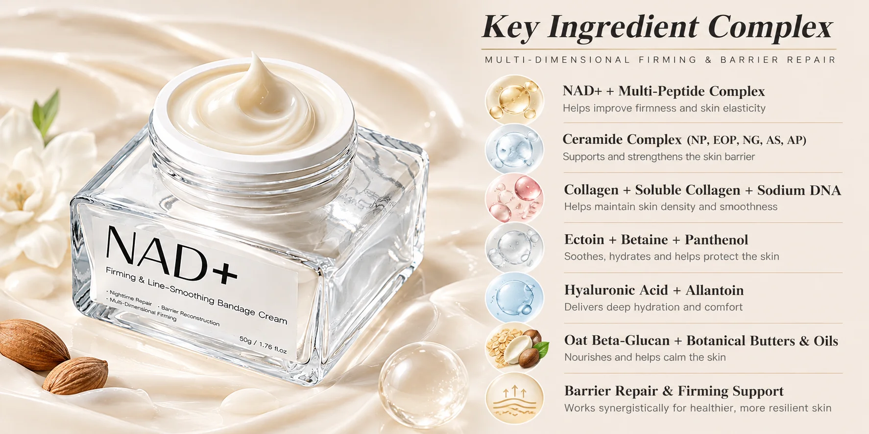 NAD+ firming and line-smoothing cream jar placed on a creamy texture background with floral and almond accents, alongside a list of key ingredients like ceramides, collagen, and hyaluronic acid.